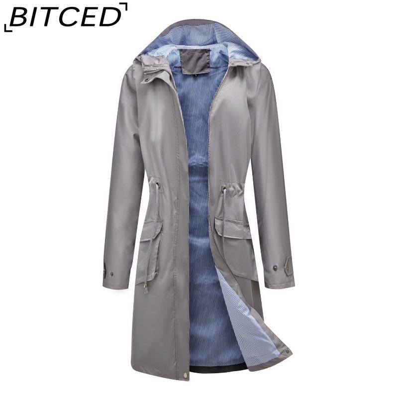 BITCED Spring/Fall Long-Sleeve Casual Trench Coat for Women Water-Resistant Hooded Solid-Color Top Striped Lining Straight-Cut Jacket