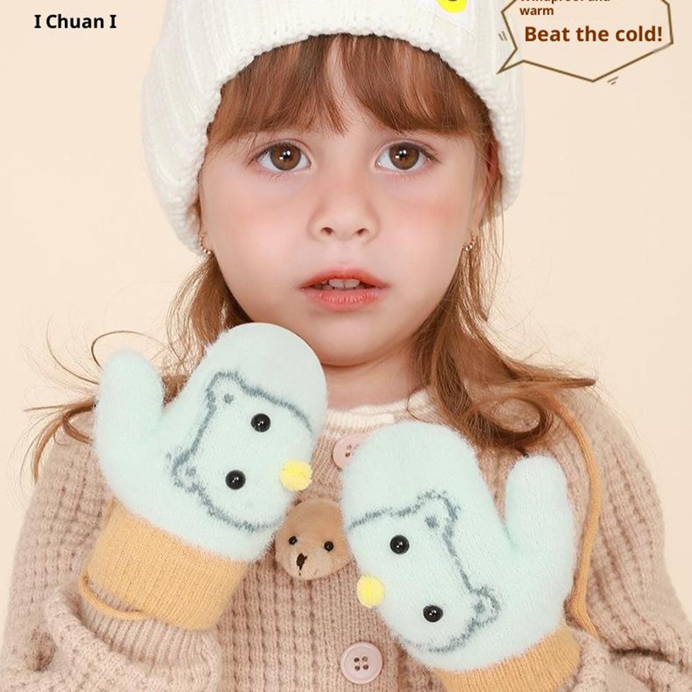 DRST30 Winter Warm Fleece Lined Mittens for Children 2-5 Years Old Cartoon Animal Pattern Neck Hanging Gloves