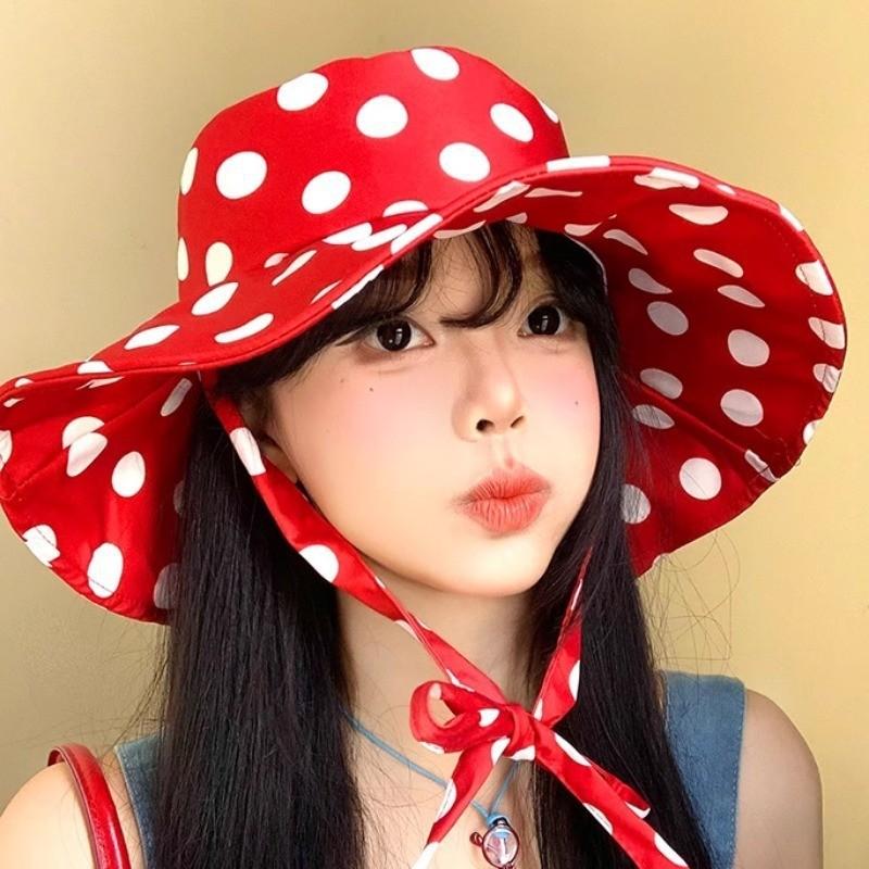 Vintage Red Polka Dot Bucket Hat With Wide Brim Sun Protection For Women Summer Casual