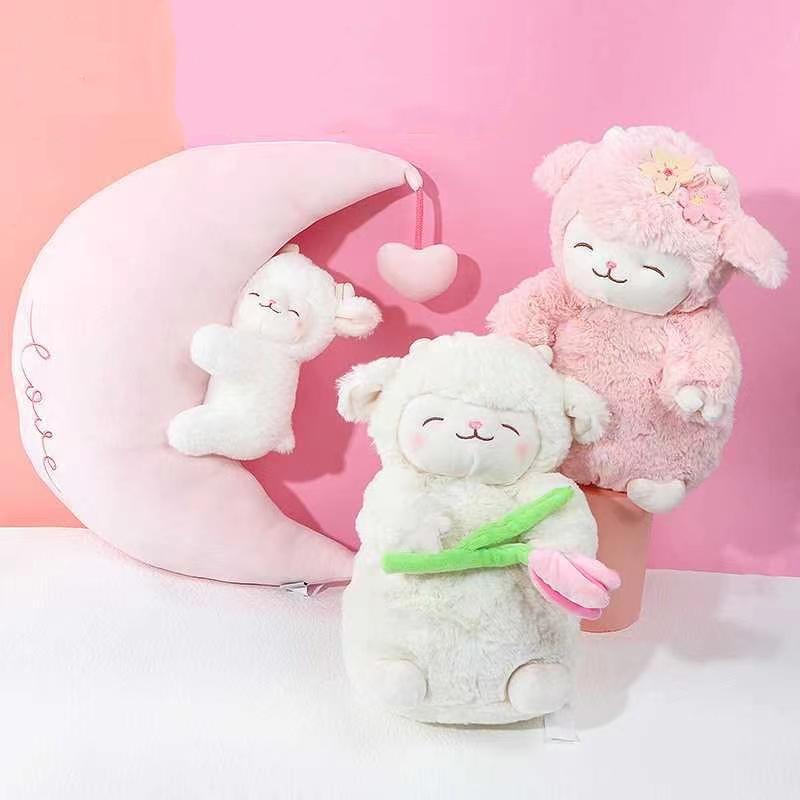 Non-Toxic White Woolen Doll With Standing Posture Cute Sheep Kawaii Pink Lamb Super Soft Holding Flowers Kawaii Gift 27Cm