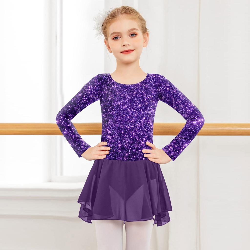 Girls' Color-blocked Romper Long-sleeved Tulle Dress Dance Costume