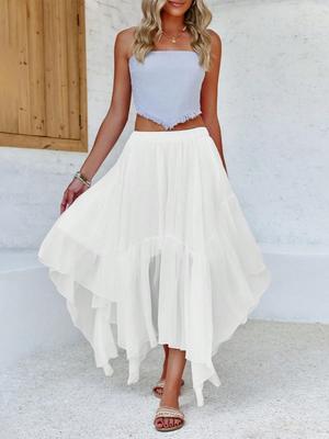 Women's Bohemian Maxi Skirt Flowy Asymmetric High Low Hem Casual Skirt