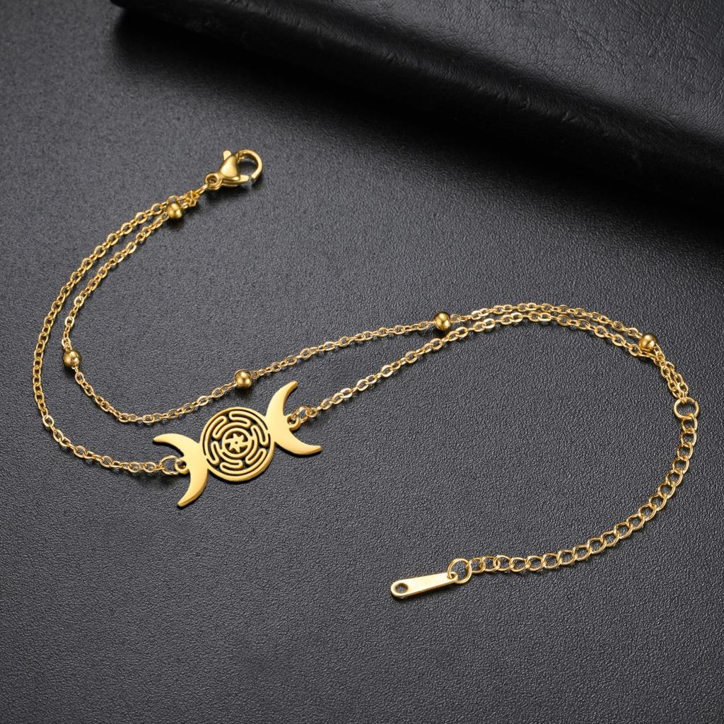 Triple Moon Goddess Bracelet Adjustable Black Rope Wiccan Pagan Jewelry Gift for Women Hecate Wheel