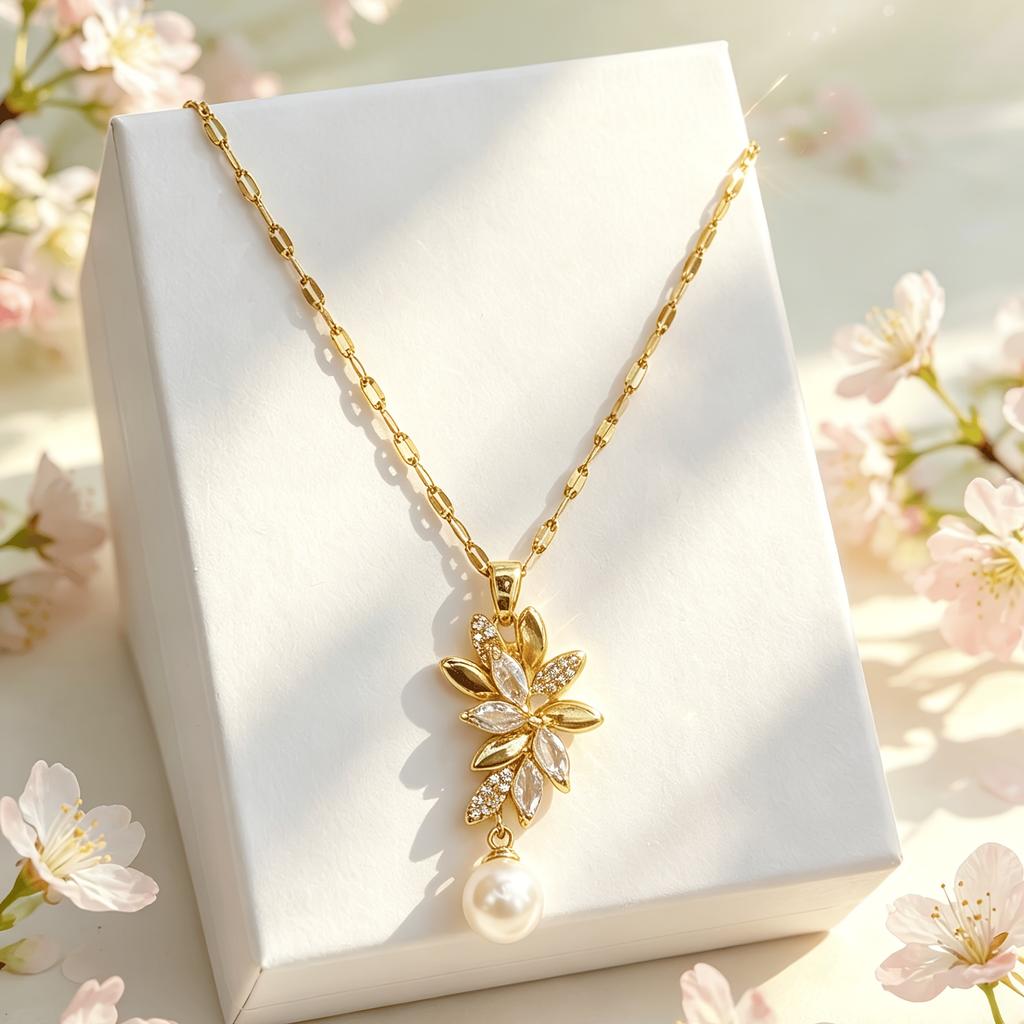 Stainless steel chain with zircon leaf pendant, women's fashion necklace and earrings, hypoallergenic and fade-resistant stainless steel jewelry,