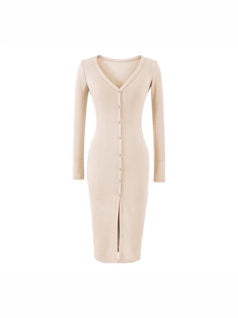 Women's Slim-Fit Brushed V-Neck Long-Sleeved Dress with Waist-Cinching, Mid-Length Skirt.