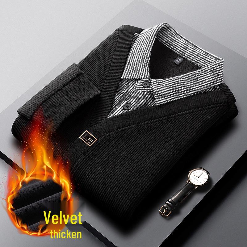 

Мужская зимняя рубашка два в одном с флисовой подкладкой: Теплый базовый слой средней молодости с контрастной вставкой на воротнике 4XL чёрный