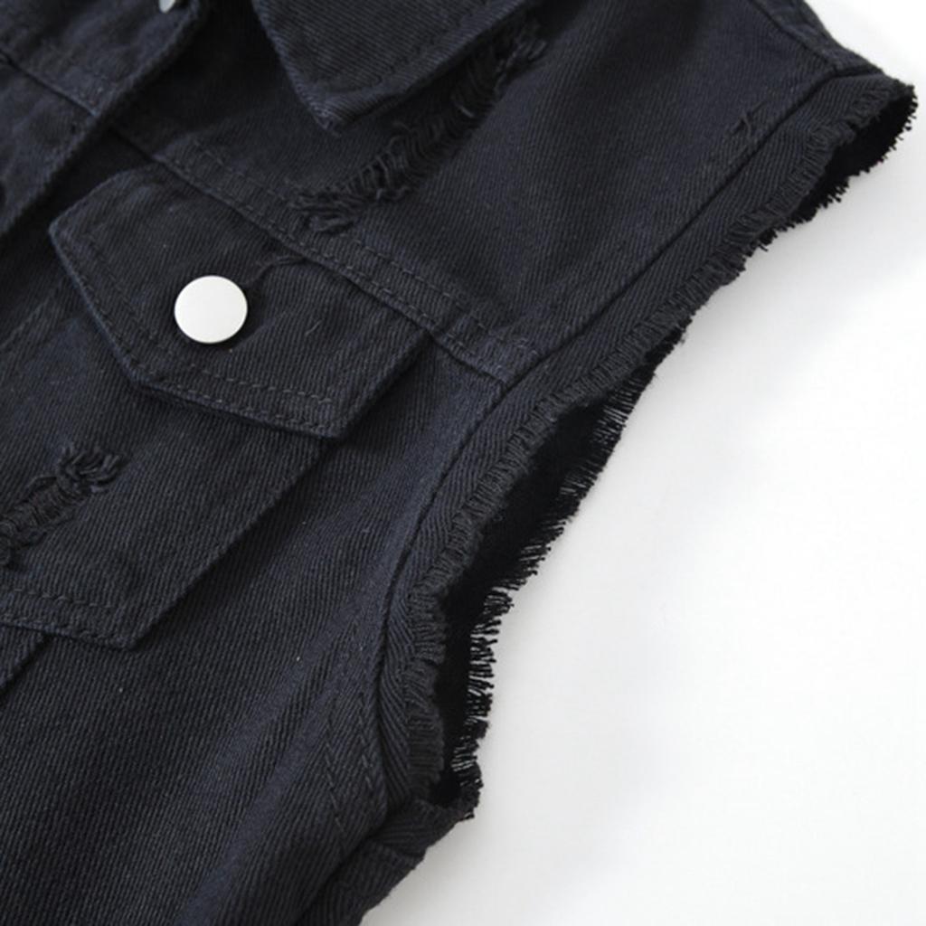Women's Fashion Solid Color Sleeveless Pocket Short Style With Frayed Edges And Holes Cardigan Vest Jacket