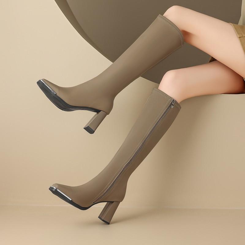 Bottes longues à bout carré pour femme automne/Hiver 2026 nouveau style talons épais bottes hautes montantes basses aux genoux style équestre