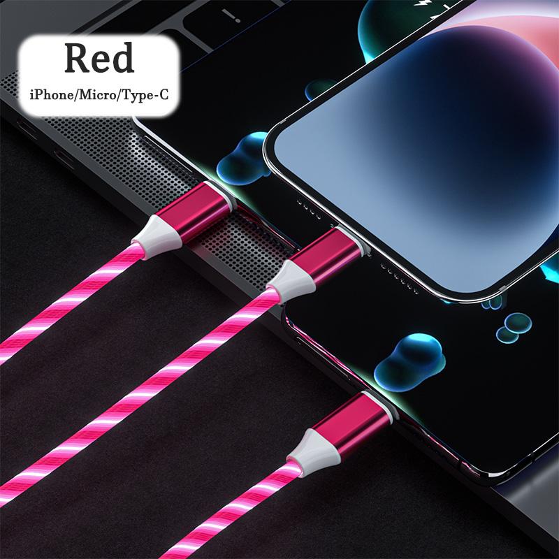 3 In 1 Glowing Cable LED Light Micro USB Type C Cable 3A Fast Charging for Samsung iPhone Xiaomi Flowing Streamer Type-C Cable