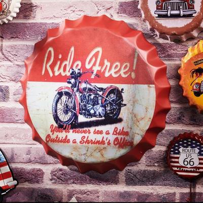 Metal Bottle Caps Wall Sign Plates - 14X14 Inches – RIDE FREE | Metal Wall Hanging Bottle Cap for Home, Farmhouse, Bar & Cafe Decoration