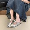Soft Leather Version~ Baotou Half Slippers Sweet Sandals French Evening Wind Rhinestone Pointed Bow Empty Muller Shoes