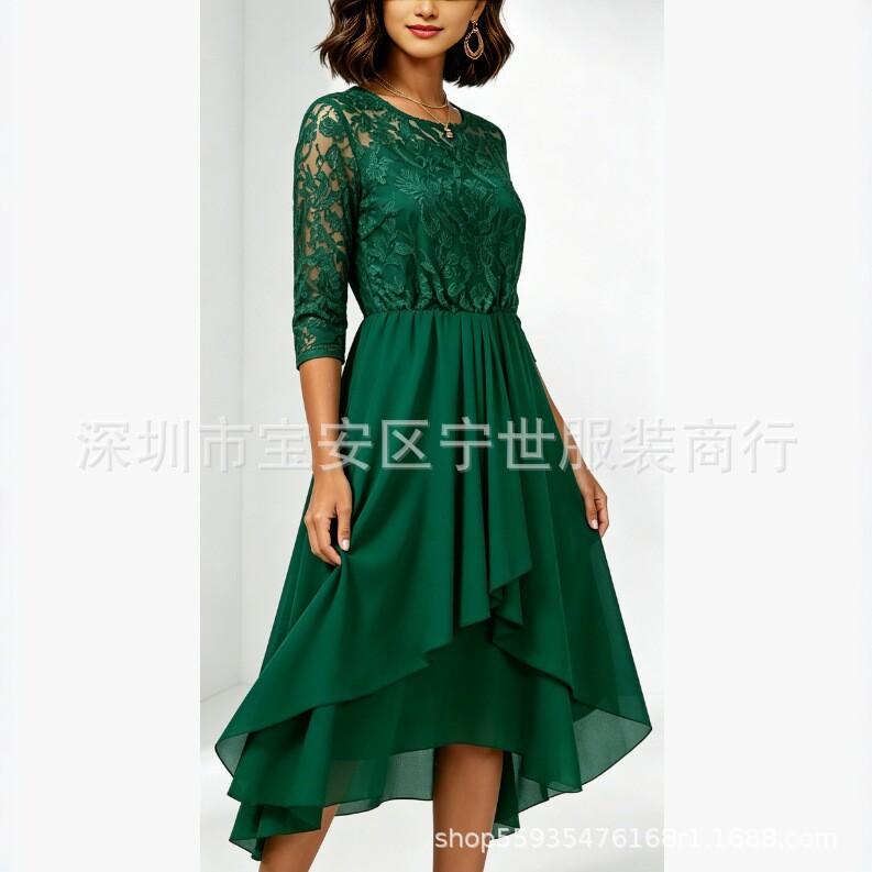 Lace Splicing Chiffon Dress with Seven-quarter Sleeves, Asymmetrical Hem, Elegant Temperament Women's Clothing Medium and Long Skirt