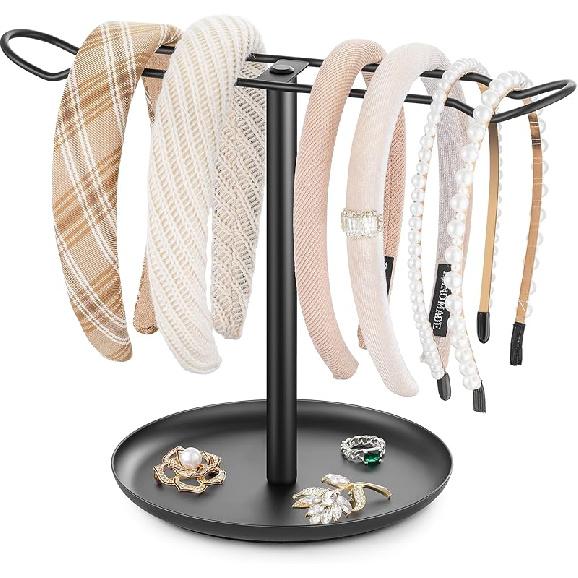 Headband Holder for Hair Accessories: Elegant Organizer with Storage Tray, Perfect for Girls  Vanity, Dresser, or Bathroom, Black чёрный