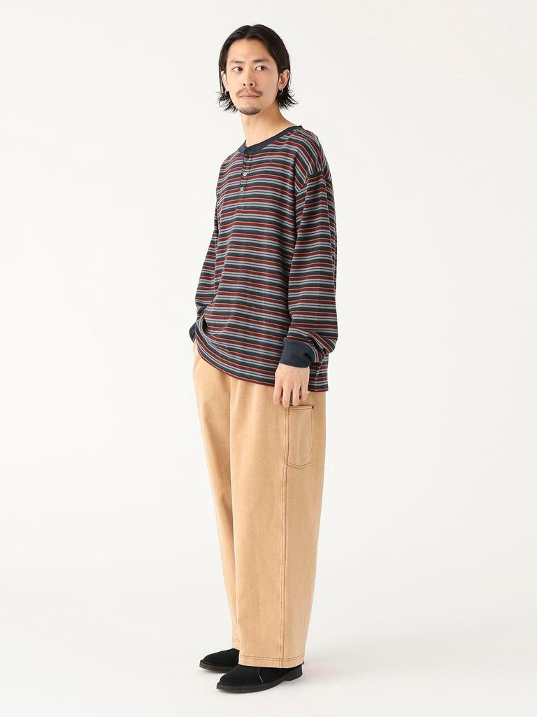 B:MING LIFE STORE by BEAMS Men's Long Sleeve T-Shirt with Waffle Stripes and Henley Neck, Navy, Size L