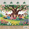 1 Classroom Banner - Children Reading Books Under the Flower Tree - Polyester Background Fabric Home Decoration