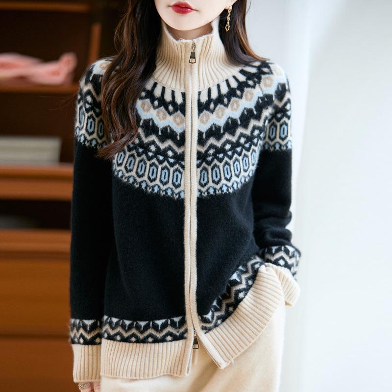 Women's Thickened Fair Isle Pure Wool Cardigan – Loose Knit Sweater Coat for Autumn & Winter