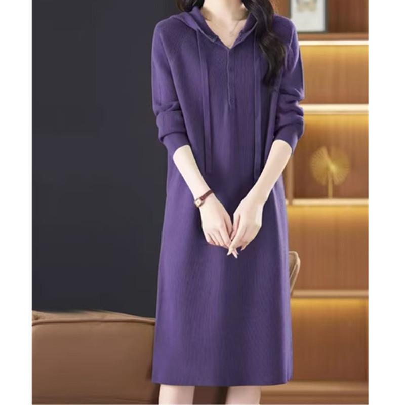 Hooded Autumn and Winter Knitted Dress New Casual Long Loose Women's Sweater Skirt Outer Wear