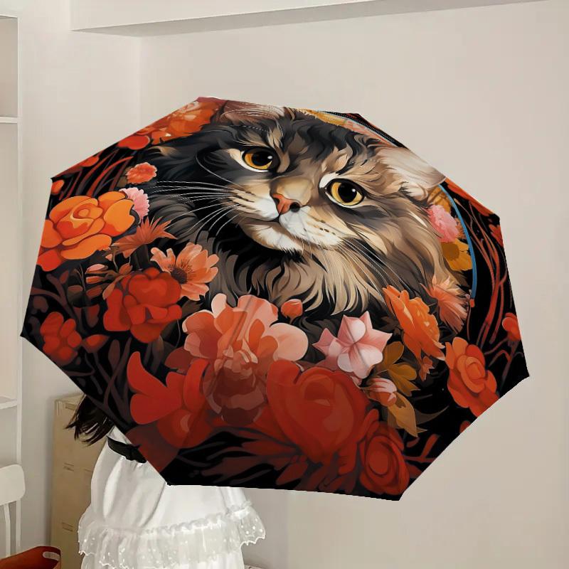 1pc Floral Cat Portrait Umbrella with Plastic Handle,Suitable for All Seasons Home Travel Outdoor UmbrellaDD201