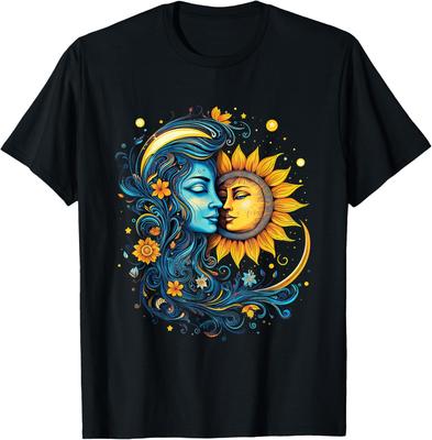 Mystische Sonne Mond Frau Blumiges Ästhetisches Grafik-T-Shirt Herren Lässig Kurzarm Baumwolle T-Shirt