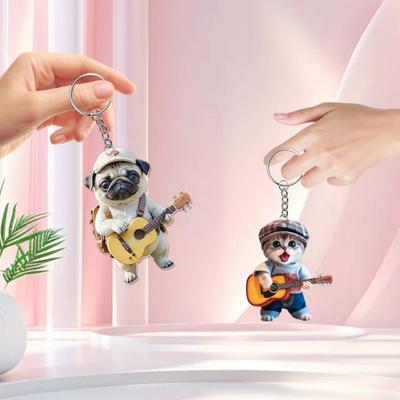 1/2Pcs Guitar Cat Acrylic Hanging Decoration 2D Flat Cartoon Dog Backpack Handbag Hanging Ornament Keychain Pendant