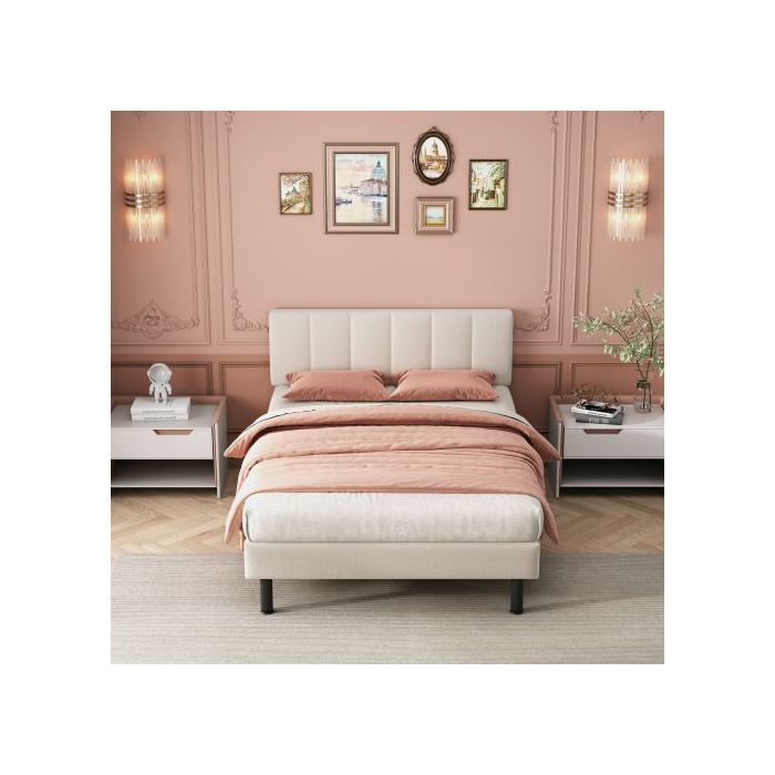 Lit - MUVOE - 140x190 - Tissu sherpa beige - Pieds en fer - Design simple