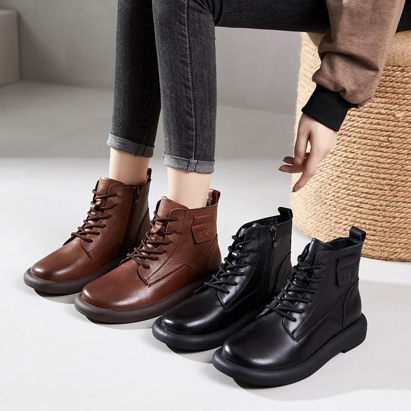 The first layer of cowhide Martin boots for women in the autumn and winter of 2025, the new lace-up retro leather British style flat-bottomed short bo