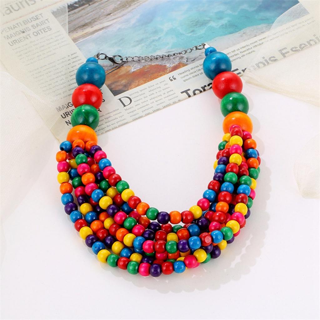 African Style Bohemian Multi-layer Wooden Bead Handmade Beaded Bib Necklace For Women Summer Zircon Accessories Choker Necklace
