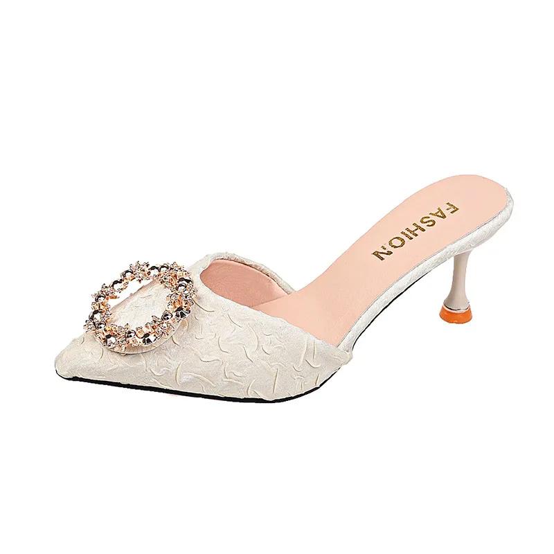 Fashion Classic summer women's slippers 2024 new hot selling French rhinestone high heels slim heels with toe caps casual cool slippers