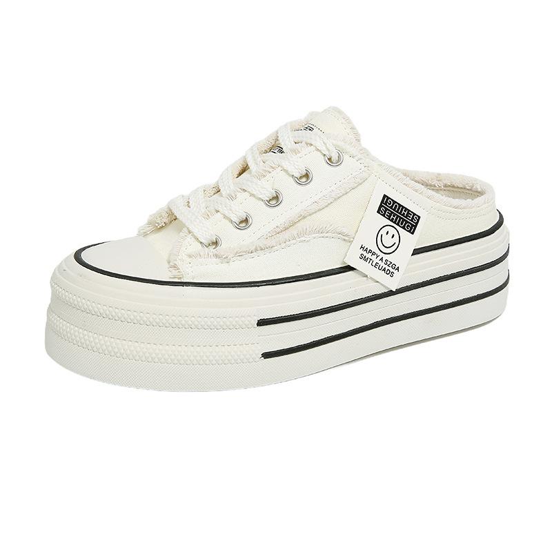 Baotou slippers women's summer wear 2025 new canvas shoes versatile students lazy half drag thick soles ins tide