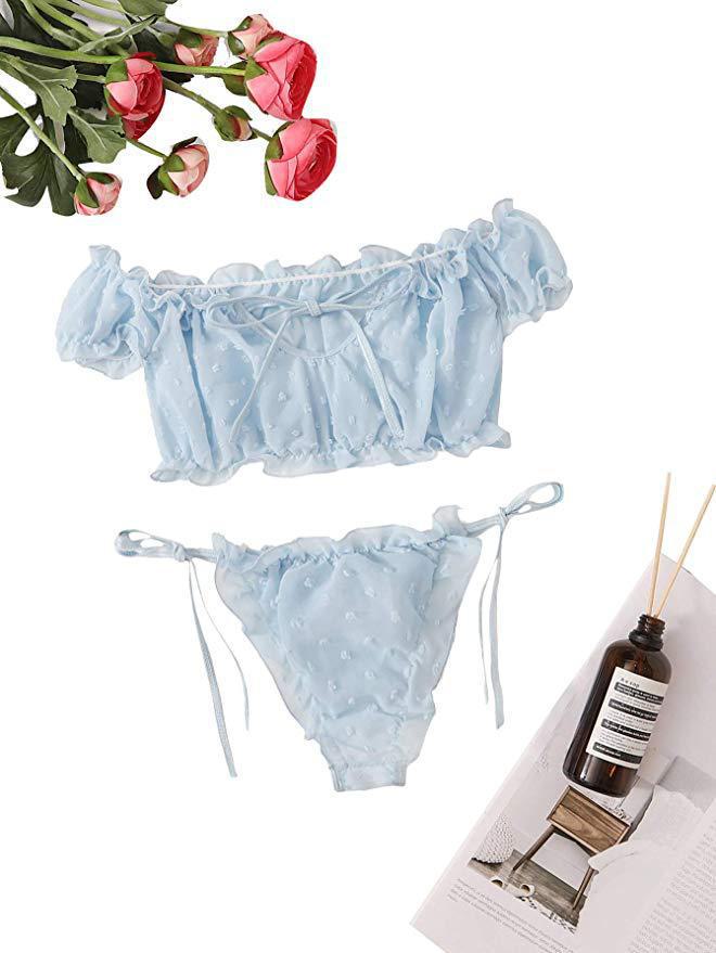 

2020 Европейский и американский стиль Сексуальный раздельный кружевной купальник Линжери Пижама L синий