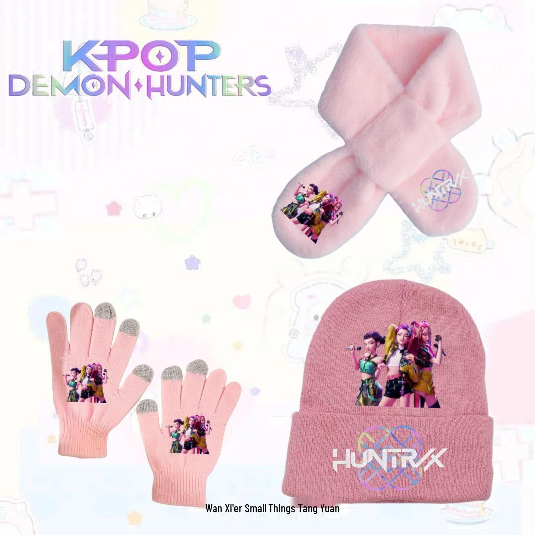 Demon Hunter Girl 3-Piece Winter Set: Knit Hat, Scarf & Gloves for Kids