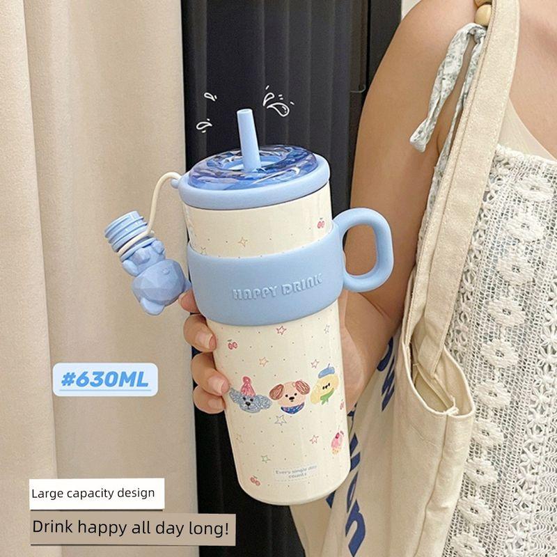 Japanese Imported Cute Rabbit and Bear Large Capacity Thermos Cup, Cold-Keeping Ice Cup, High Aesthetic Value, with Straw, for Girls, Office Use