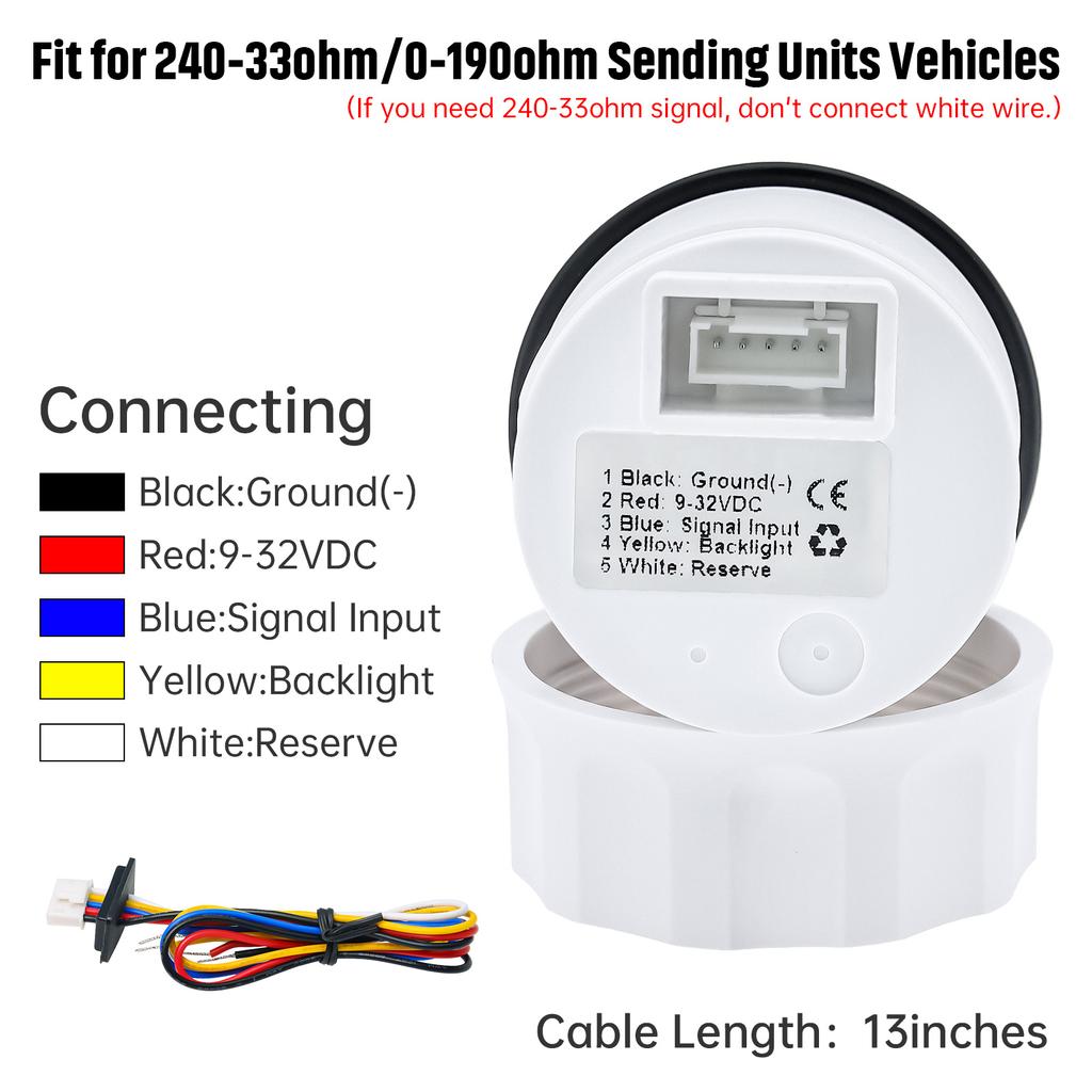 7 Color Backlight 2" 52mm Fuel Level Gauge with Alarm 0-190 OHM Oil Meter Indicator 240-33 ohm Auto Car Boat RV Yacht