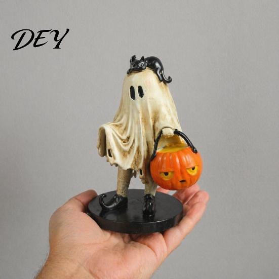 Halloween Table Centerpiece Vintage Ghost Figurine, Cute Spooky Resin Statue with Pumpkin Black Cat Ornament Bucket And for Indoor Kitchen Home Decor
