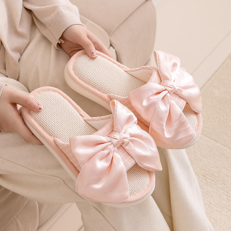 Elegant Hairy Slippers Bow Linen Slippers Indoor Sandals Slippers Small Perfume Simple Fabric Cotton Slippers Home Shoes Slippers Pink