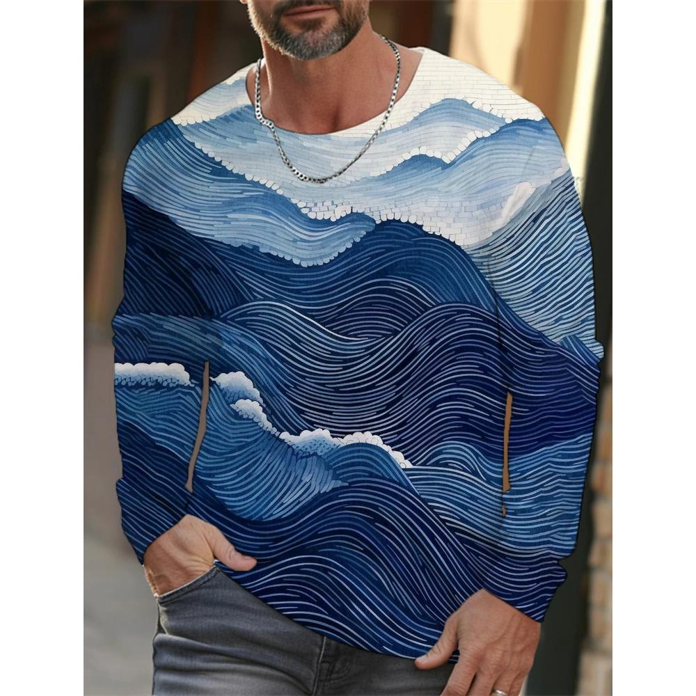 Spring and Autumn Round Neck 3D Ukiyoe  Printed Top Fashionable Casual Long Sleeved Men's T-shirts