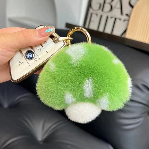 Wholesale Cute Mushroom Real Rex Rabbit Fur Key Chains Girls Schoolbag Toy Pendant  Women Bag Charm Ornaments Car Keyring Gift