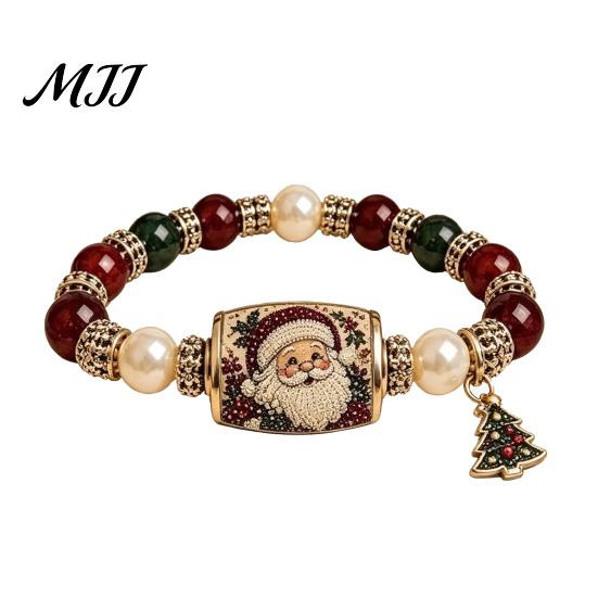 Stackable Charm Jewelry Christmas Beaded Stretch Bracelets, Faux Pearl Beads Fashion Holiday Accessory Santa Claus/Tree/Elk/Stocking Bracelet,