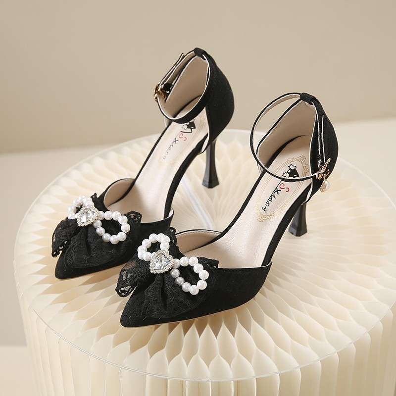 Fairy style bag head sandals female thin heel pointed high heels summer new pearl bow versatile hollow shoes