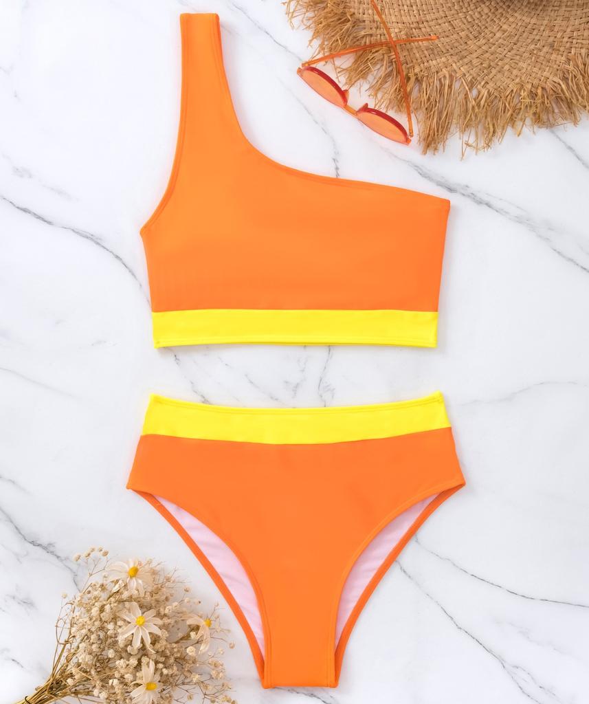 Dámské plavky Colorblock na jedno rameno sexy bikini s vysokým pasem na zádech, plavky na pláž