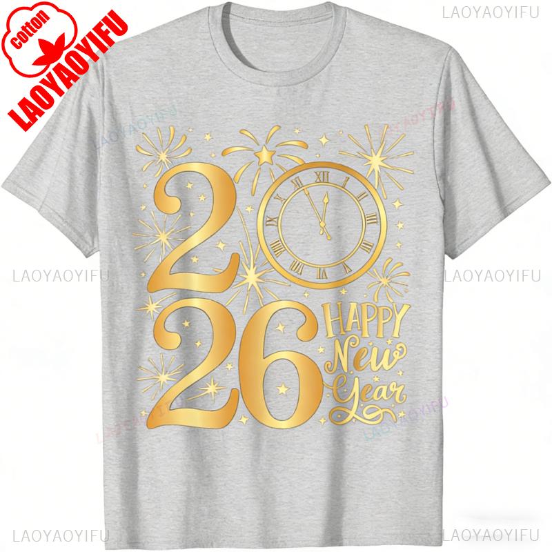Happy New Year Party 2026 Family Matching Unisex Printed TShirt Tops High Quality Cotton Crewneck Casual Style Shortsleev