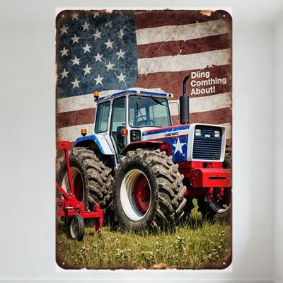 Vintage Amerikanische Flagge Metallblechschild mit Blau Weiß Rot Traktor & Landwirtschaftlichem Gerät, 'CHALLENGER' Sternendesign, Rustikale Hofdekoration