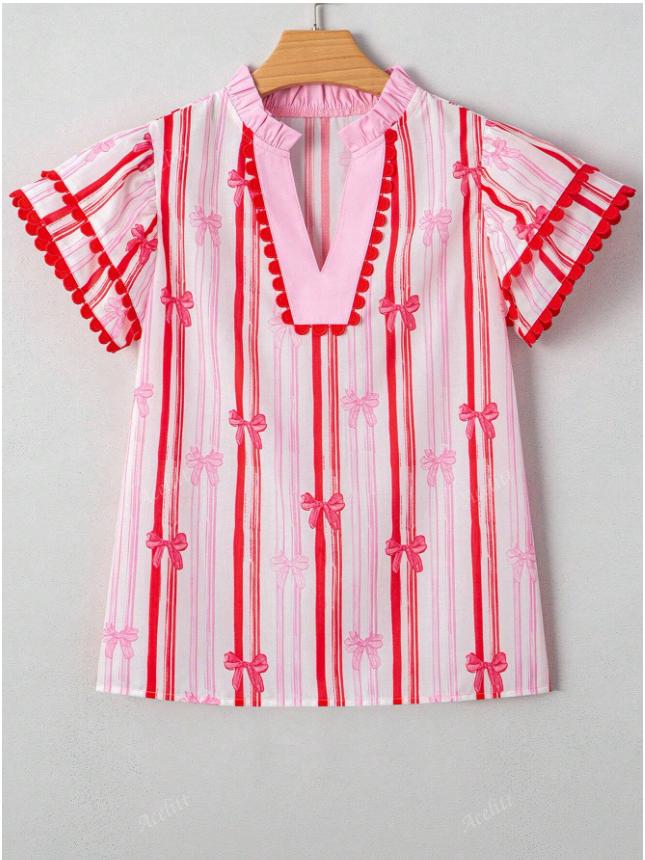 

2025 Summer Casual V-neck Ruffle Pullover with Printed Three-quarter Sleeves L червоний