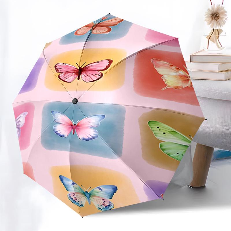 Colorful Butterfly Print Automatic Opening/Closing Umbrella with Foldable Design, Iron Frame Outdoor Rain Gear for Festivals, Travelers, Dai