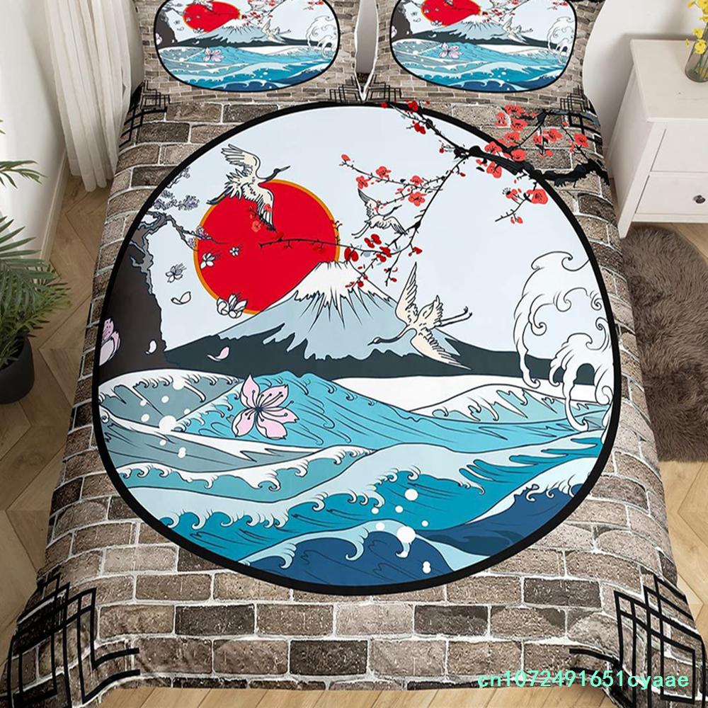 Japanese Ukiyo-e King Queen Duvet Cover Golden Fish Hokusai Bedding Set Crane Wave Quilt Cover Red Sun Polyester Comforter Cover