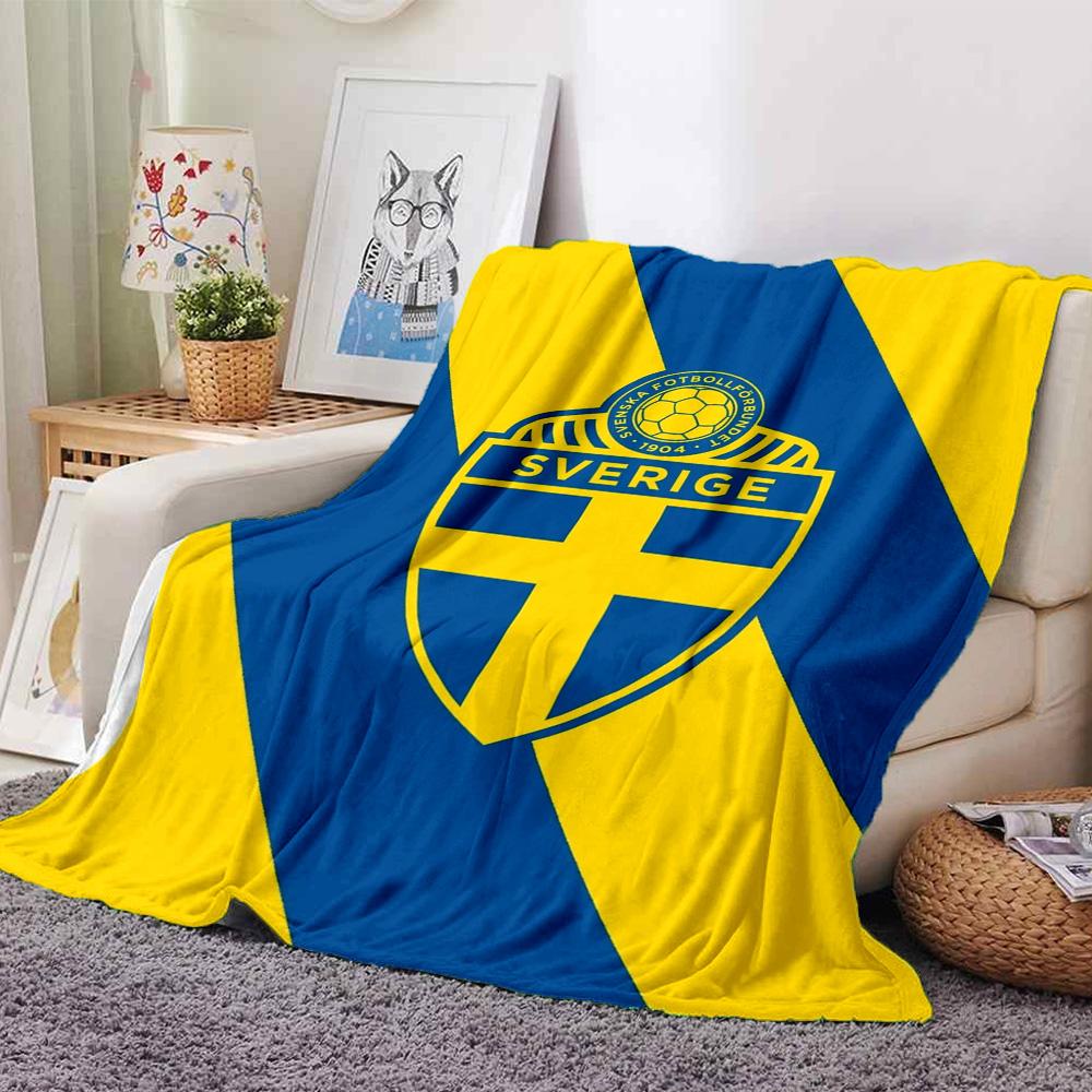 Sweden National Football Team Crest Blue Yellow Diagonal Print Flannel Blanket Soccer Graphic Soft Throw Blanket Football Fan Home Decor