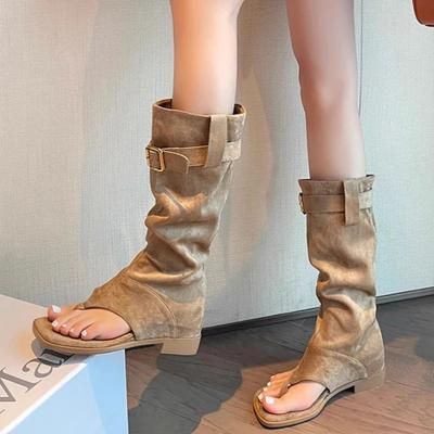 Stivali Al Ginocchio da Donna Estivi con Zeppa Interna Stile Retrò Scarpe con Punta a Clip Sandali Stivaletti Causal Slip On da Donna