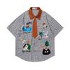 American retro contrasting color cartoon embroidered plaid short-sleeved shirt summer new loose men's and women's casual versatile shirt