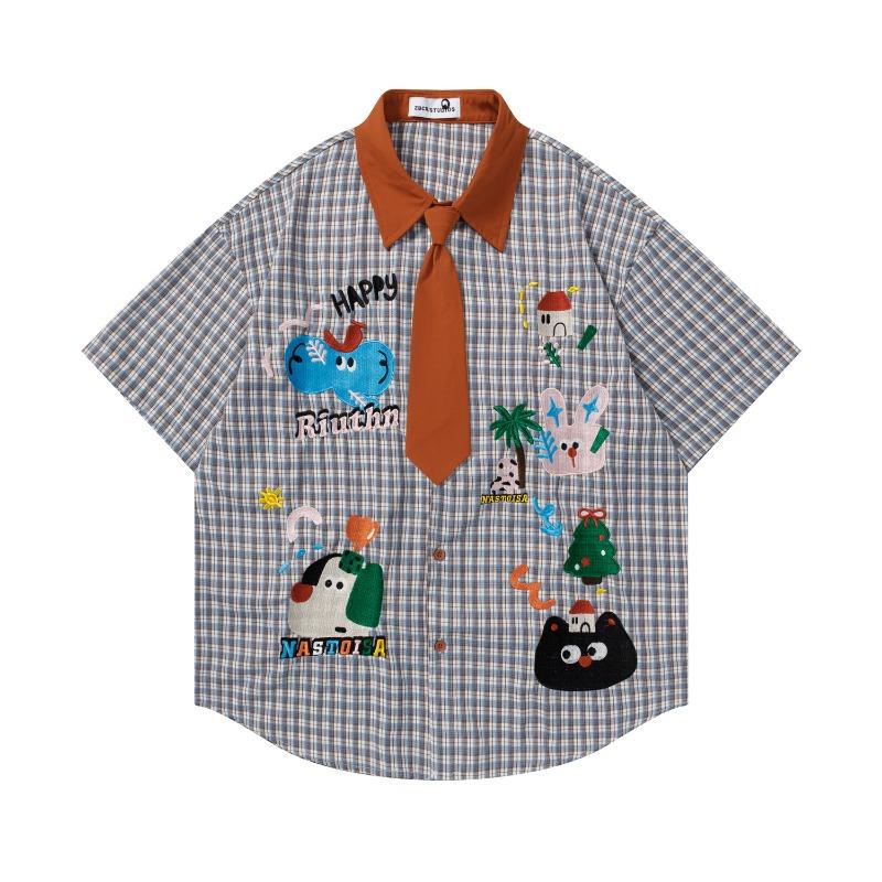 American retro contrasting color cartoon embroidered plaid short-sleeved shirt summer new loose men's and women's casual versatile shirt