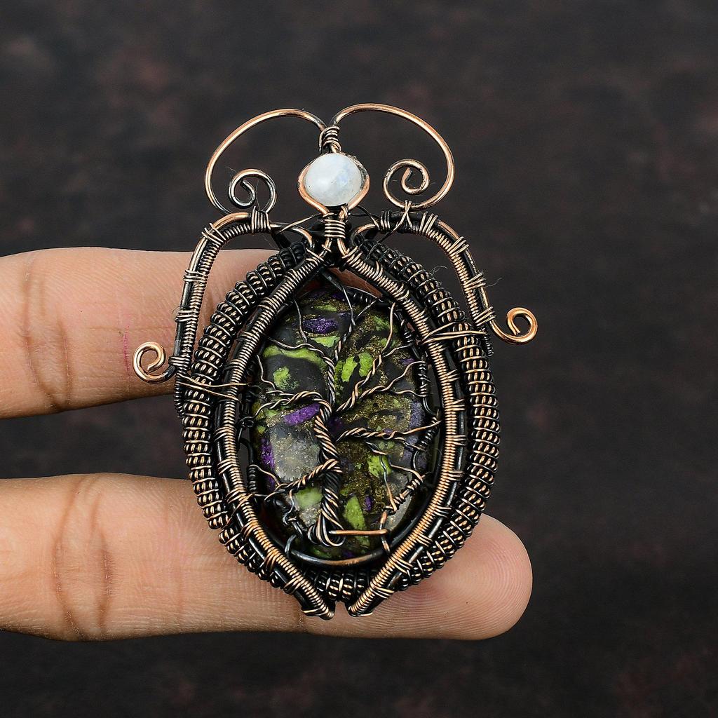 Tree Of Life Copper Stichtite Pendant Copper Wire Wrapped Pendant Copper Jewelry Rainbow Moonstone Pendant Handmade Natural Gemstone Pendant